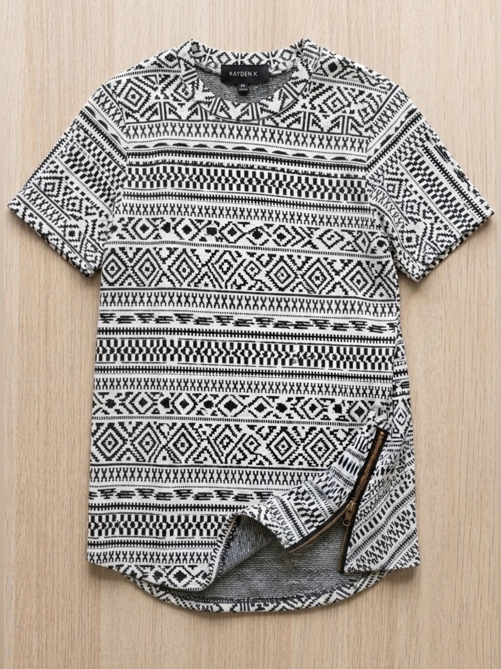 Kayden K Mens Aztec Geometric Longline Knit T Shirt Black White Side Zip Medium